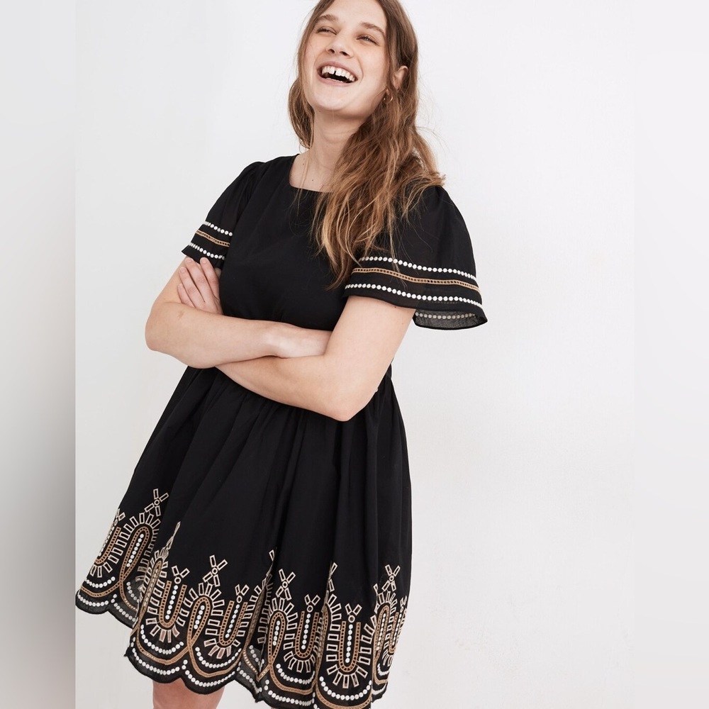 Madewell Embroidered Eyelet Puff-Sleeve Mini Dress size Large